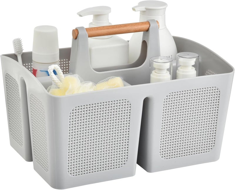 A-Link Portable Shower Caddy Basket with Compartments, Plastic Divided Cleaning Caddy Organizer Storage Tote with Handle for Bathroom, College, Dorm Room Essentials, Light Gray - Image 1